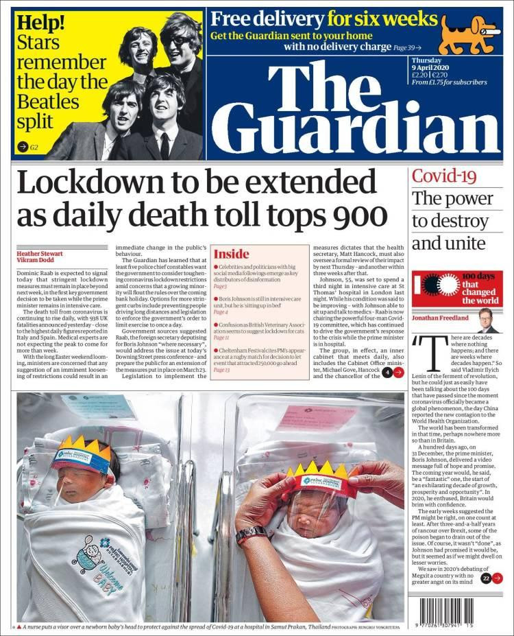 Tapas de diarios, Guardian, jueves 8 de abril de 2020