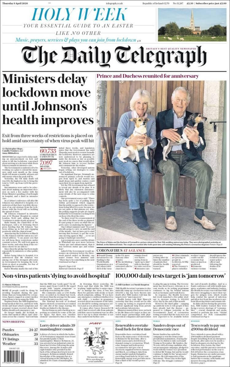 Tapas de diarios, Telegraph, jueves 8 de abril de 2020