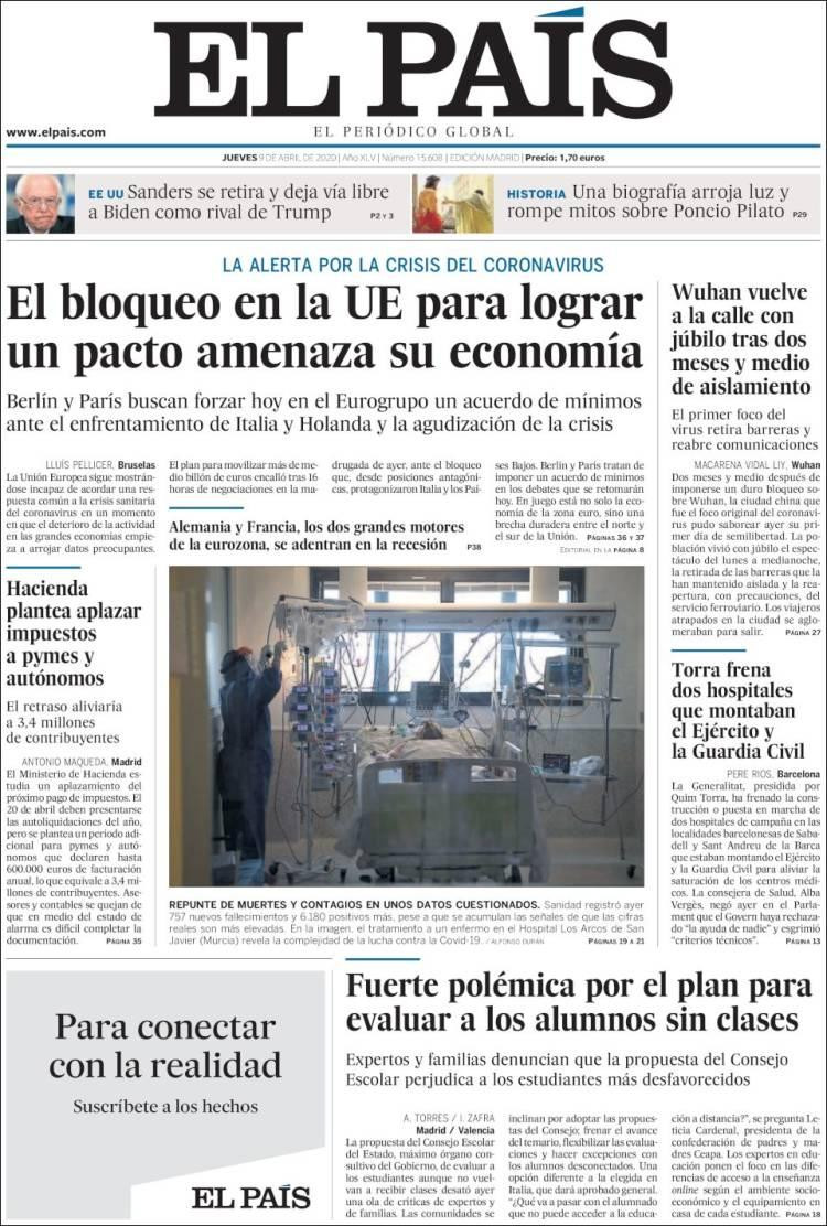 Tapas de diarios, El País, jueves 8 de abril de 2020