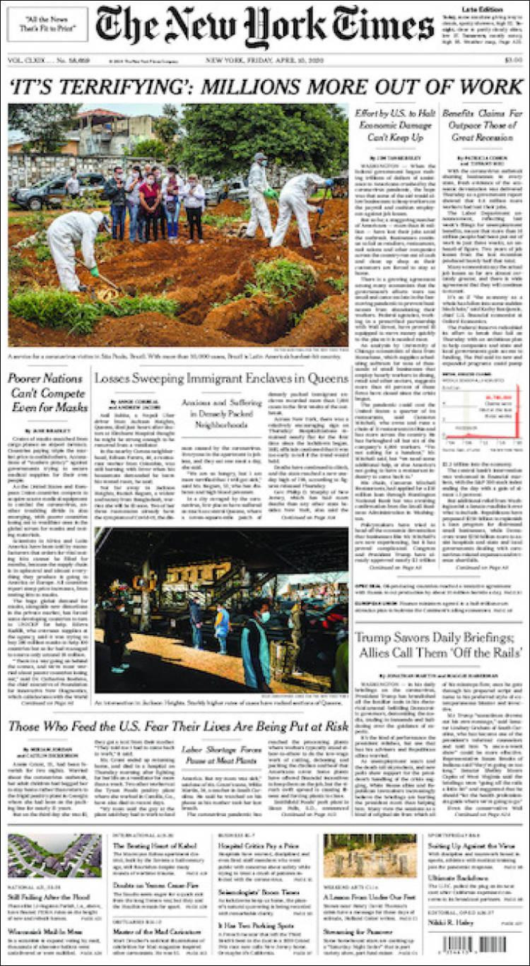 Tapas de diarios, New York Times, viernes 10 de abril de 2020
