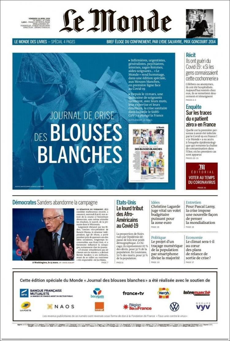 Tapas de diarios, Le Monde, viernes 10 de abril de 2020
