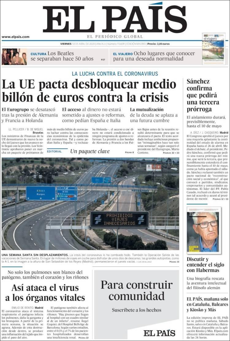 Tapas de diarios, El País, viernes 10 de abril de 2020