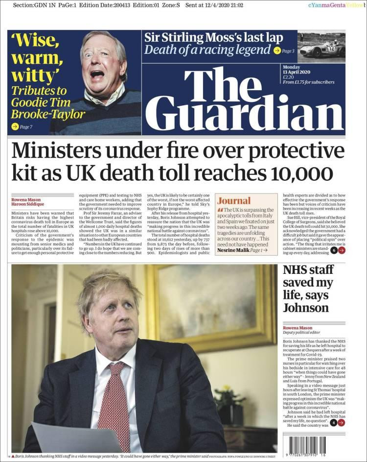 Tapas de diarios, The Guardian, lunes 13 de abril de 2020