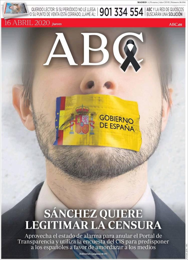 Tapas de diarios, ABC, jueves 16 de abril de 2020	