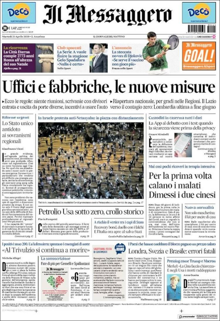 Tapas de diarios, Il Messaggero de Italia, martes 21 de abril de 2020