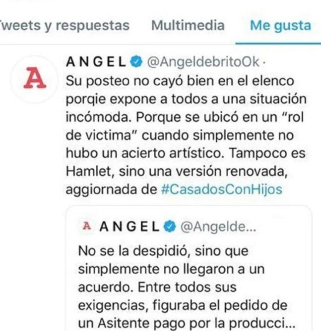 Me gusta de Florencia Peña en Twitter a tuit de Ángel De Brito sobre Erica Rivas
