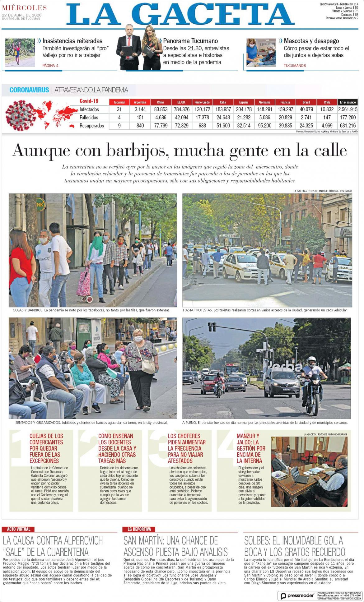 Tapas de diarios, La Gaceta, miércoles 22 de abril de 2020
