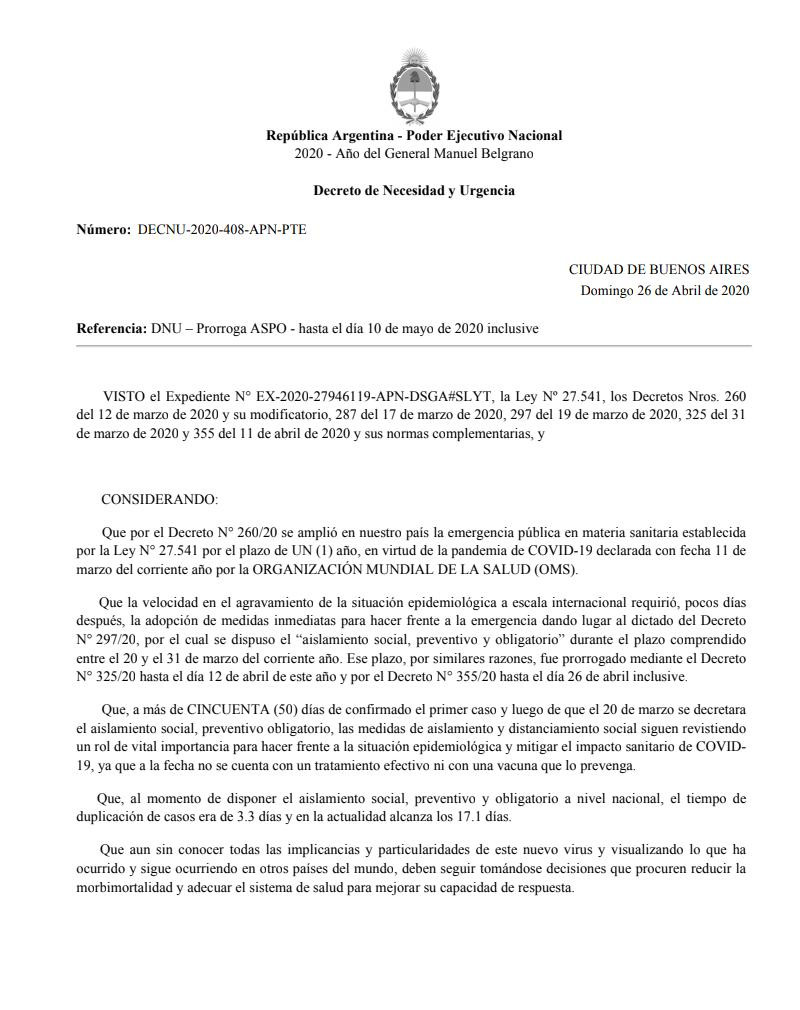Coronavirus, Argentina, decreto presidencial 26 de abril de 2020