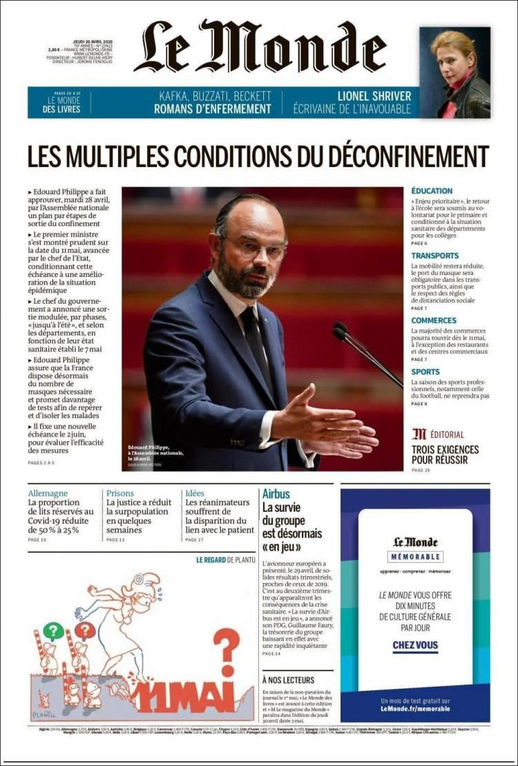 Tapas de diarios, Le Monde, jueves 30 de abril de 2020