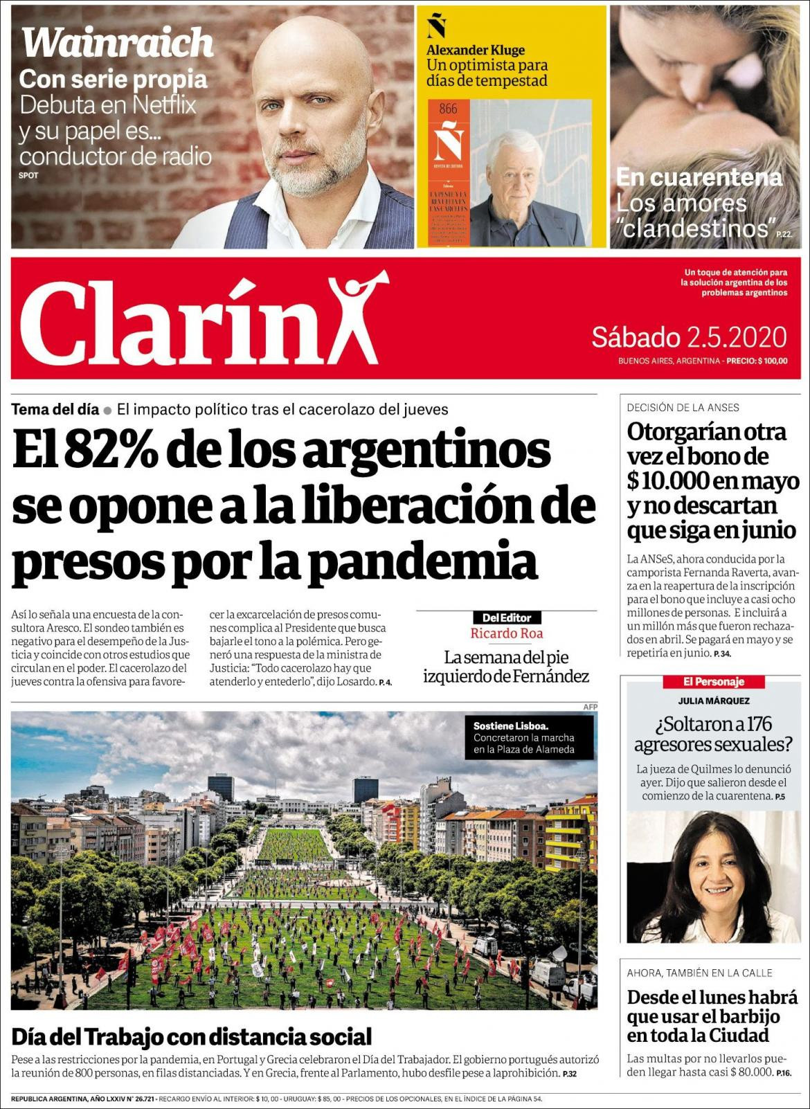 Tapas de diarios, Clarin, sábado 2 de mayo de 2020