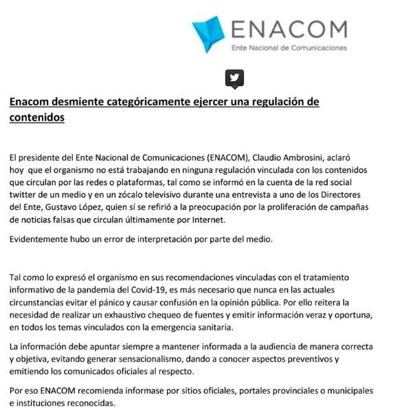 Comunicado de ENACOM sobre regulación de contenidos en portales de noticias
