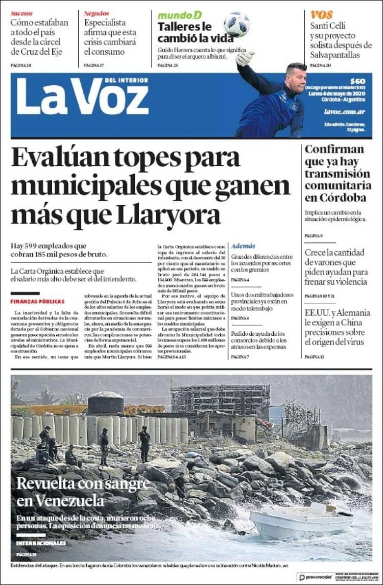 Tapas de diarios, La Voz, lunes 4 de mayo de 2020