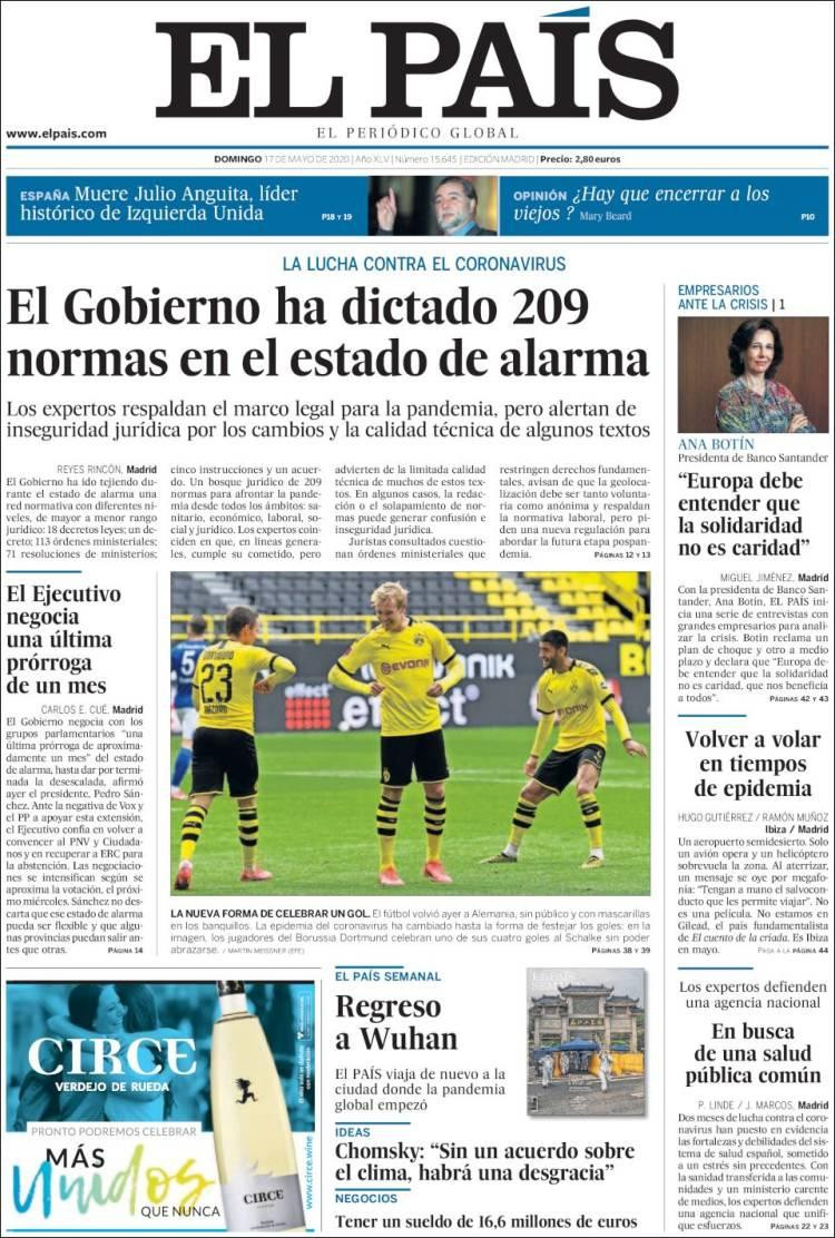 Tapas de diarios, El País, domingo 16 de mayo de 2020