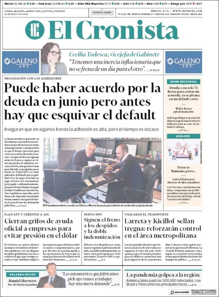 Tapas de diarios, El Cronista, lunes 18 de mayo de 2020