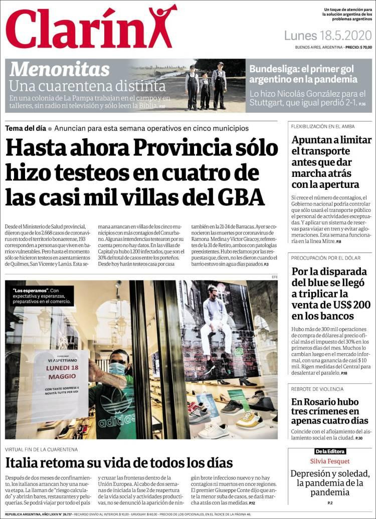 Tapas de diarios, Clarín, lunes 18 de mayo de 2020