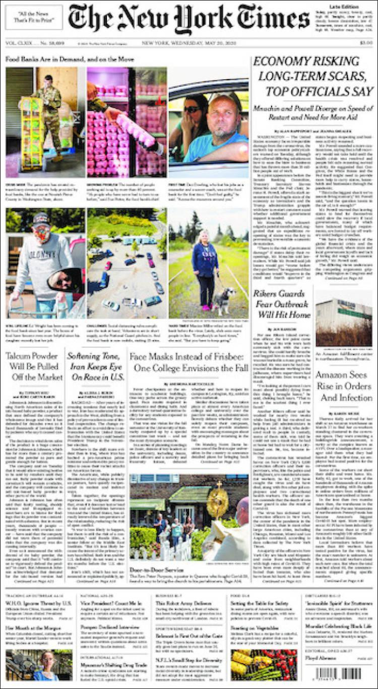 Tapas de diarios, The New York Times, miércoles 20 de mayo de 2020	