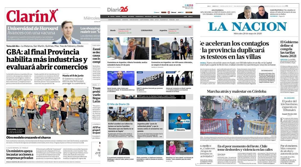 Tapas de diarios de Argentina, miércoles 20 de mayo de 2020	