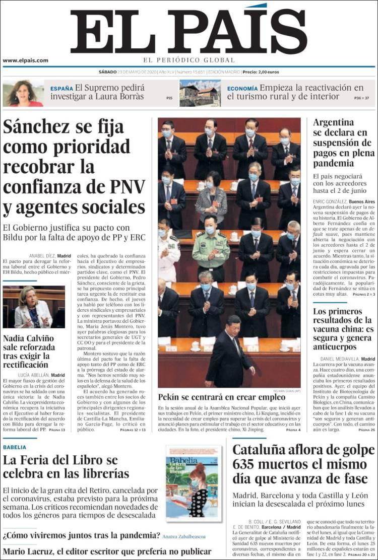 Tapas de diarios, El país, sábado 23 de mayo de 2020	