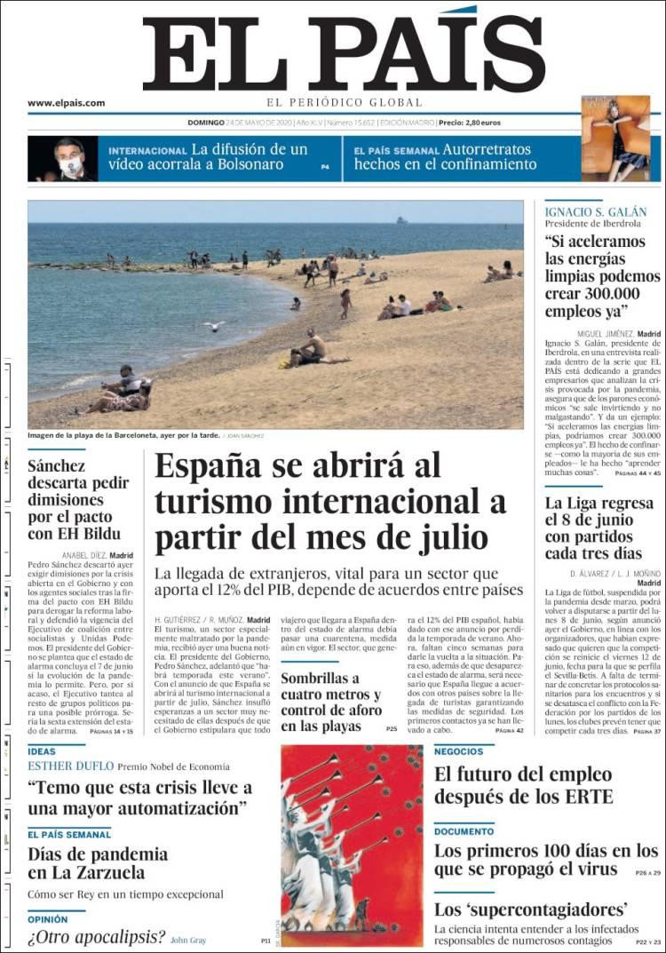 Tapas de diarios, El país, domingo 24 de mayo de 2020	