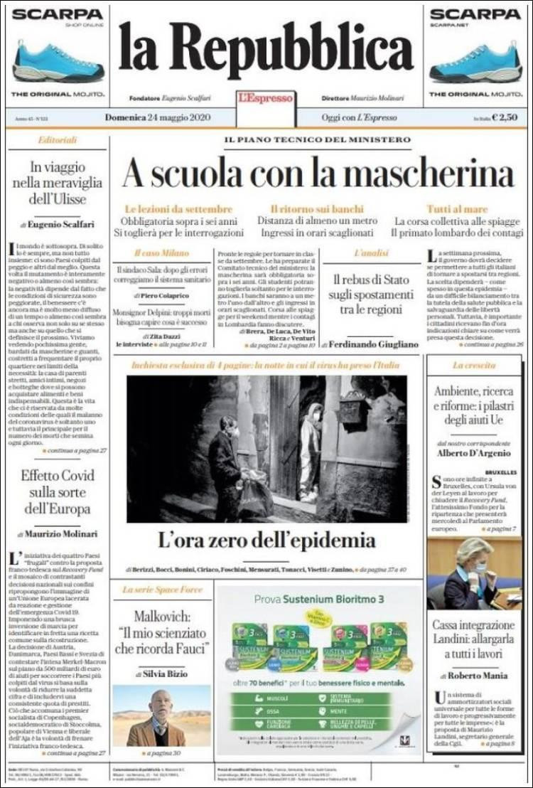 Tapas de diarios, La repubblica, domingo 24 de mayo de 2020	