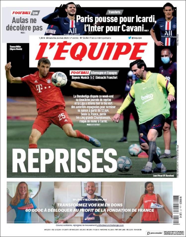 Tapas de diarios, L Equipe, domingo 24 de mayo de 2020	