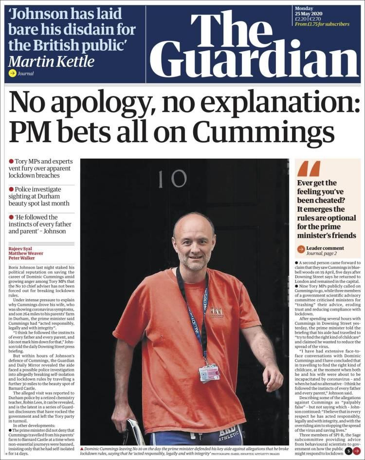Tapas de  diarios, Guardian, lunes 25 de mayo de 2020