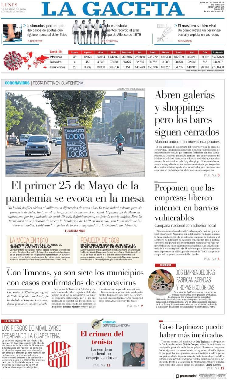 Tapas de  diarios, La Gaceta, lunes 25 de mayo de 2020