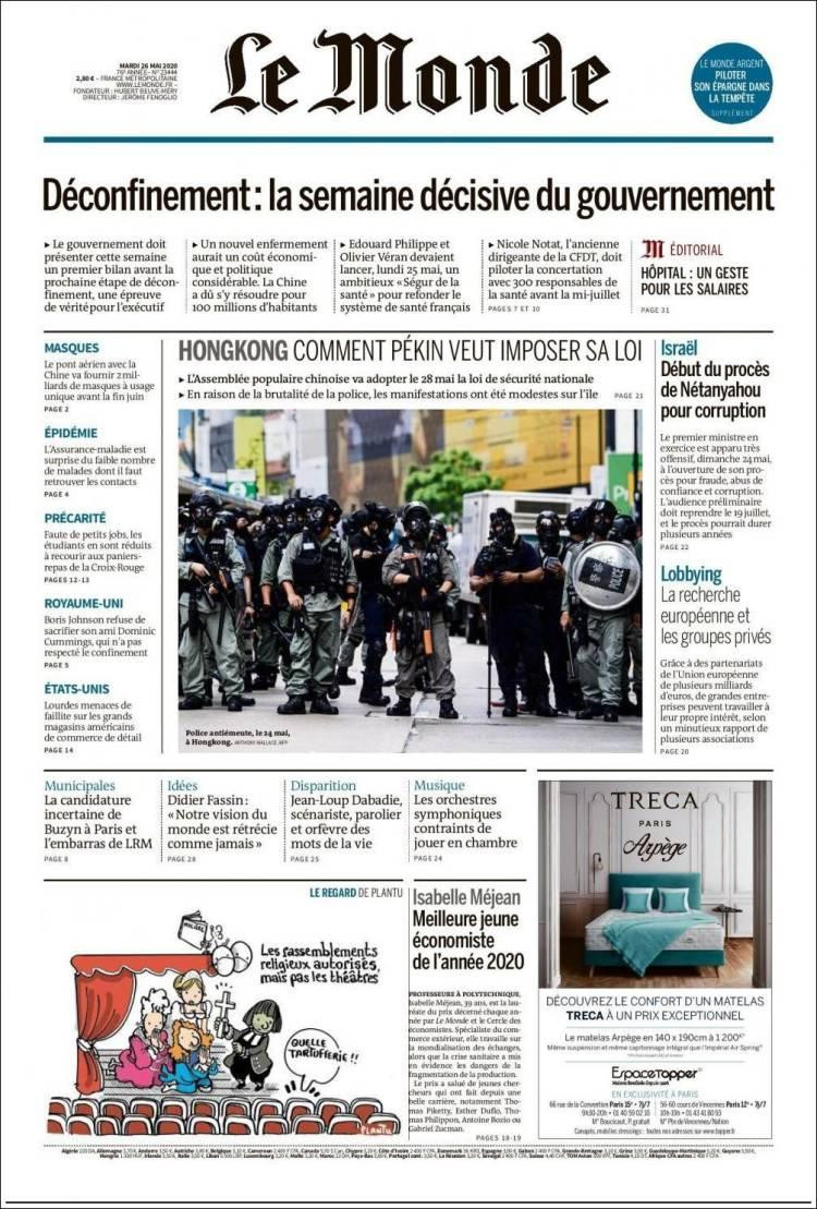 Tapas de diarios, Le Monde, martes 26 de mayo de 2020