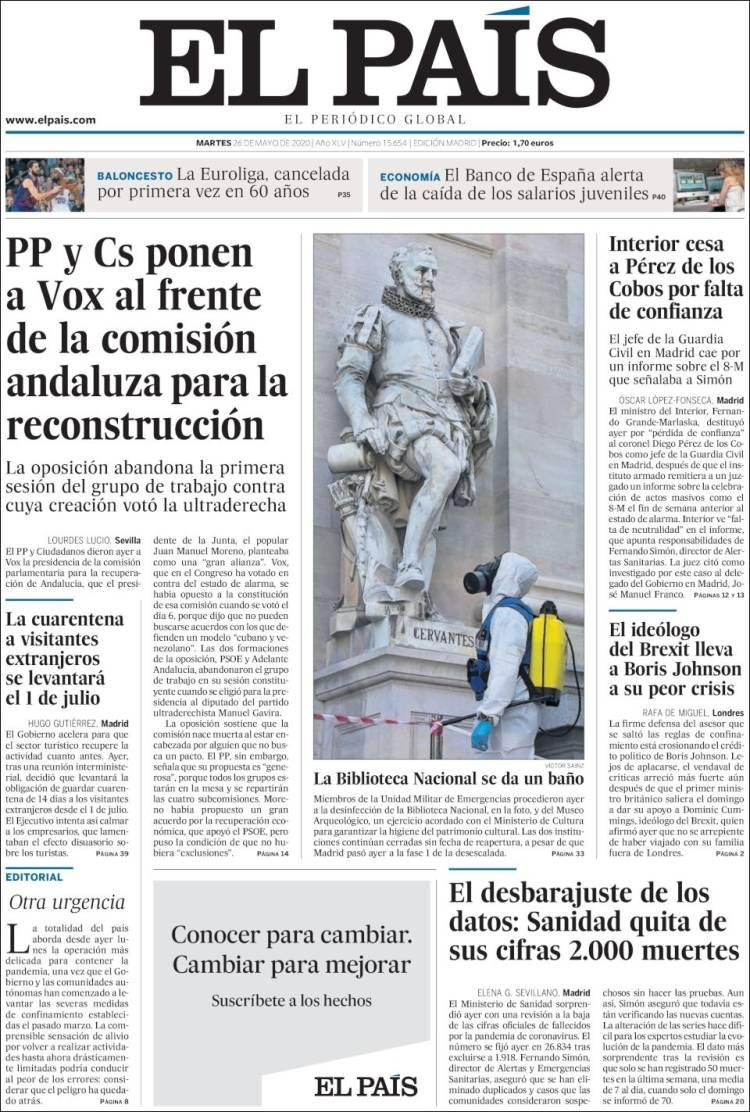 Tapas de diarios, El País, martes 26 de mayo de 2020