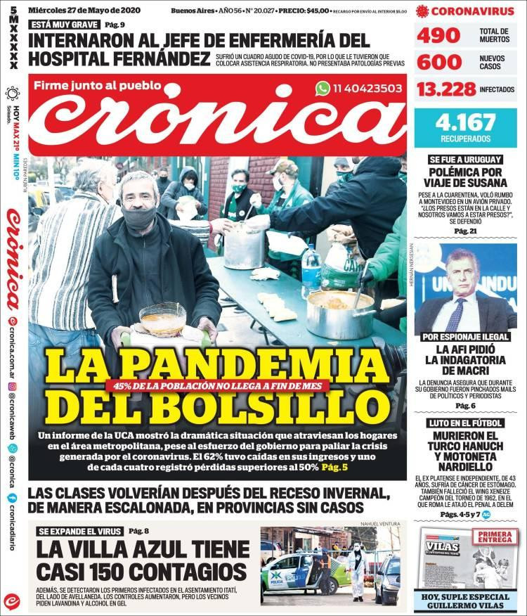 Tapas de diarios, Crónica, miércoles 27 de mayo de 2020
