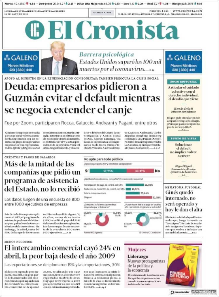 Tapas de diarios, El Cronista, jueves 28 de mayo de 2020