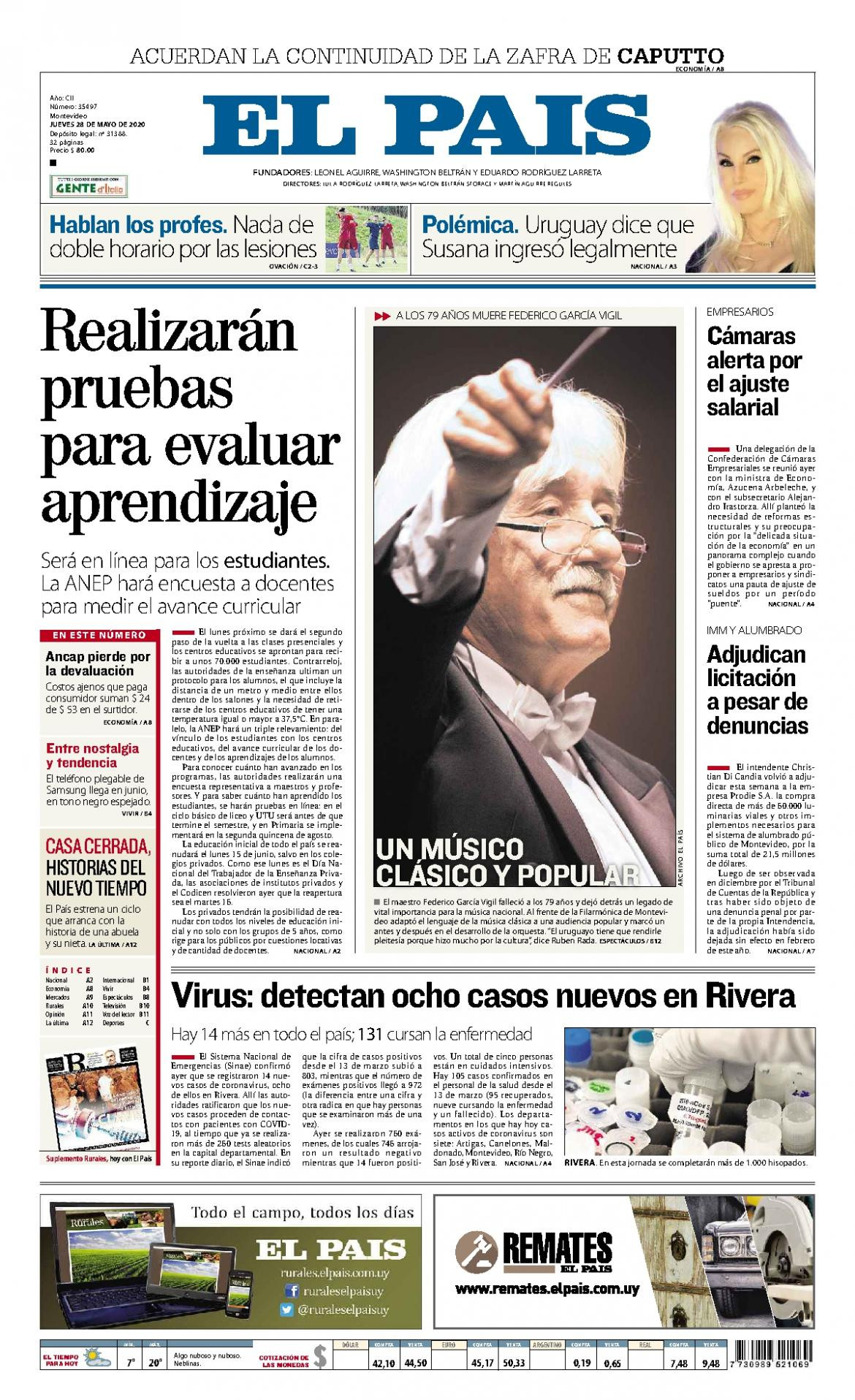 Tapas de diarios, El Pais de Uruguay, jueves 28 de mayo de 2020