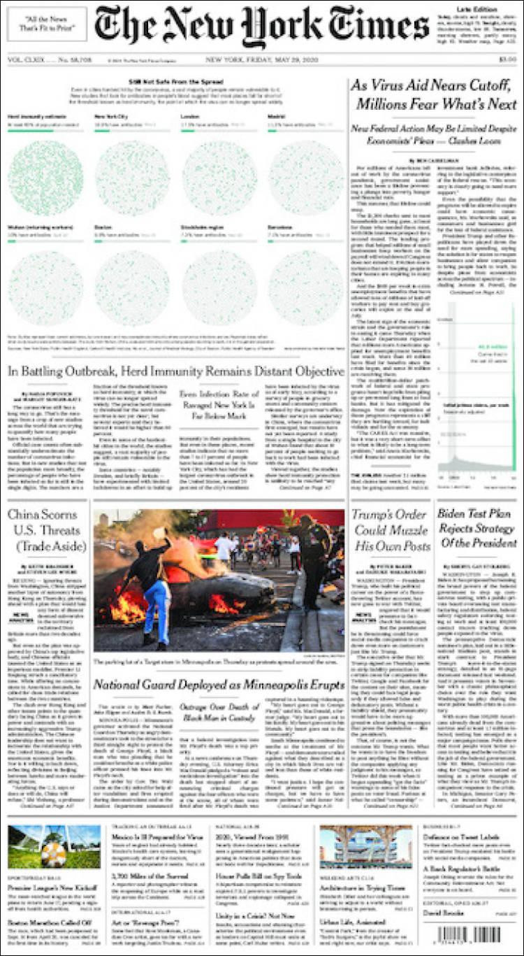 Tapas de diarios, New York Times, viernes 29 de mayo de 2020