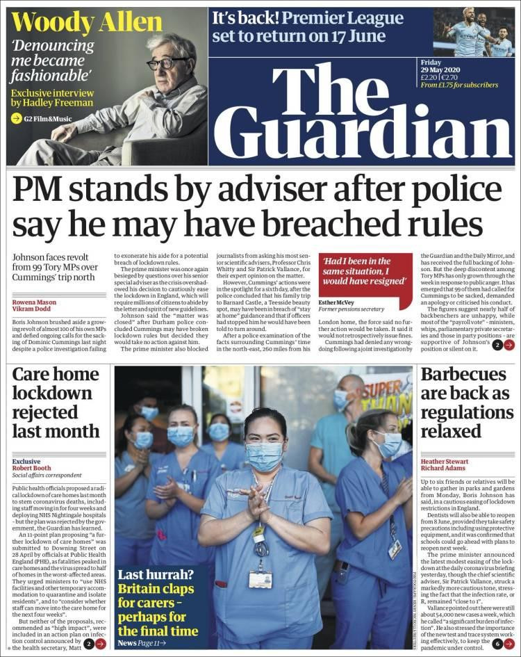Tapas de diarios, Guardian, viernes 29 de mayo de 2020