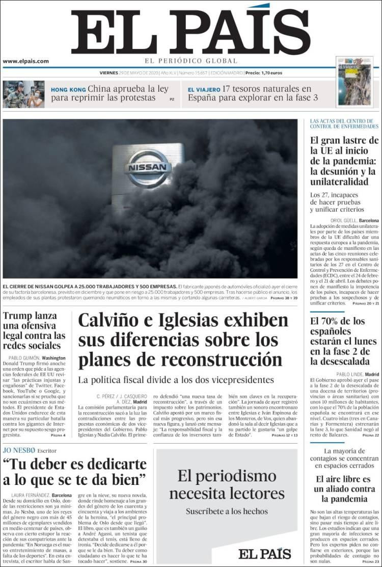 Tapas de diarios, El País, viernes 29 de mayo de 2020