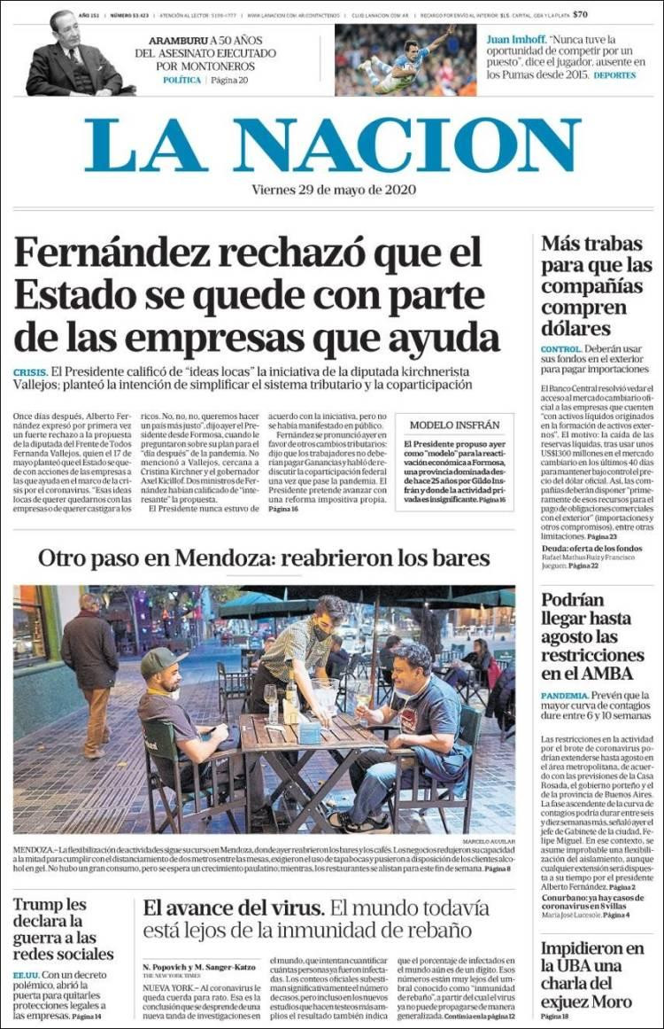 Tapas de diarios, La Nación, viernes 29 de mayo de 2020