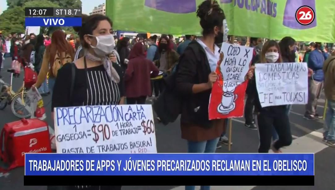 Protesta en el Obelisco, cuarentena, móvil Canal 26