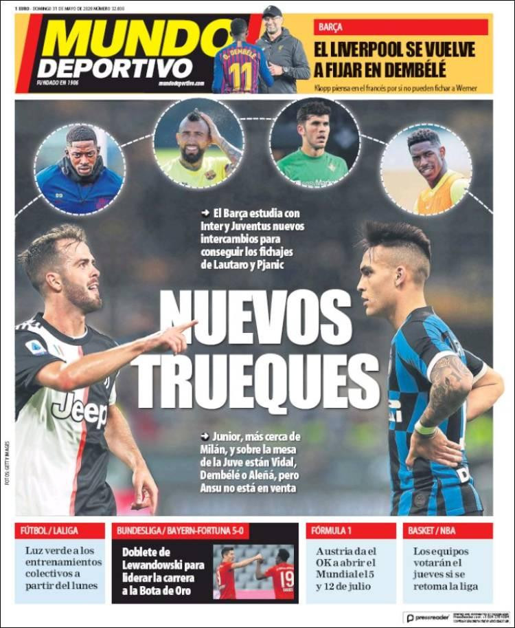 Tapas de diarios, Mundo Deportivo de España, domingo 31 de mayo de 2020