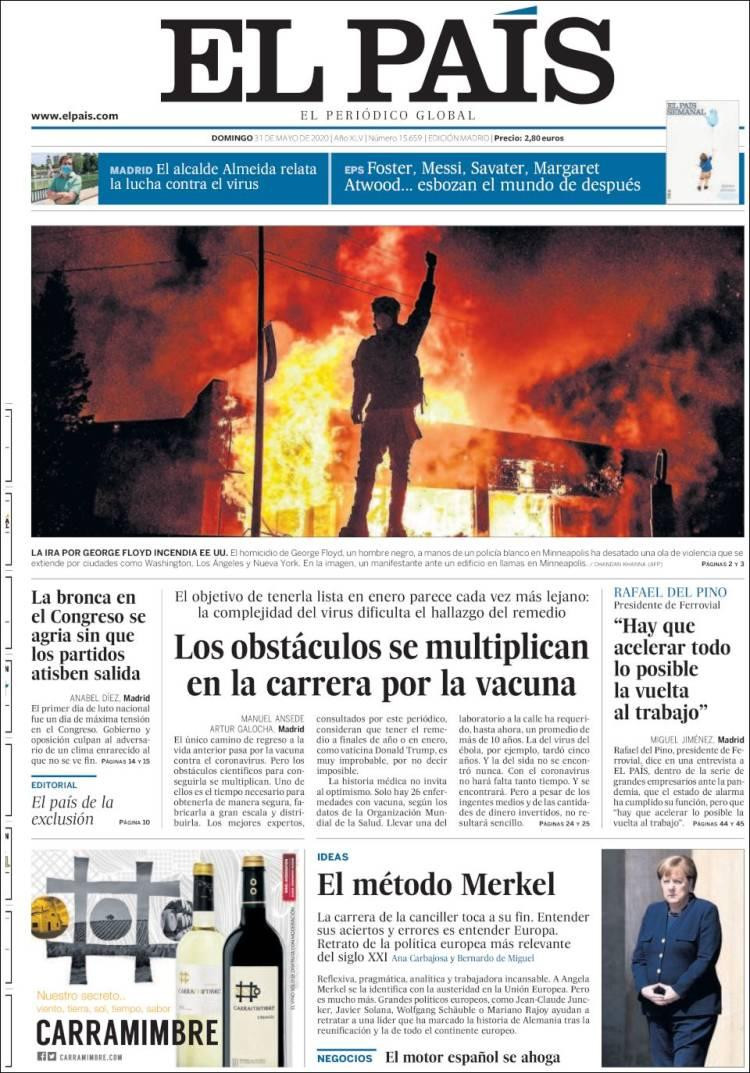 Tapas de diarios, El Pais de España. domingo 31 de mayo de 2020