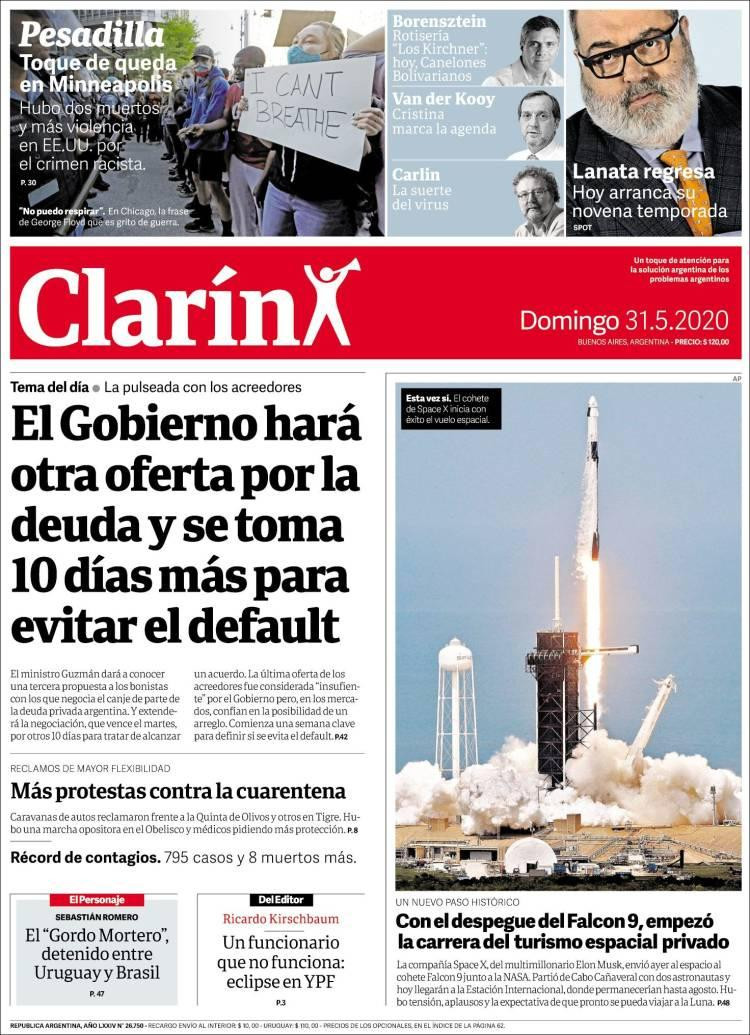 Tapas de diarios, Clarin, domingo 31 de mayo de 2020