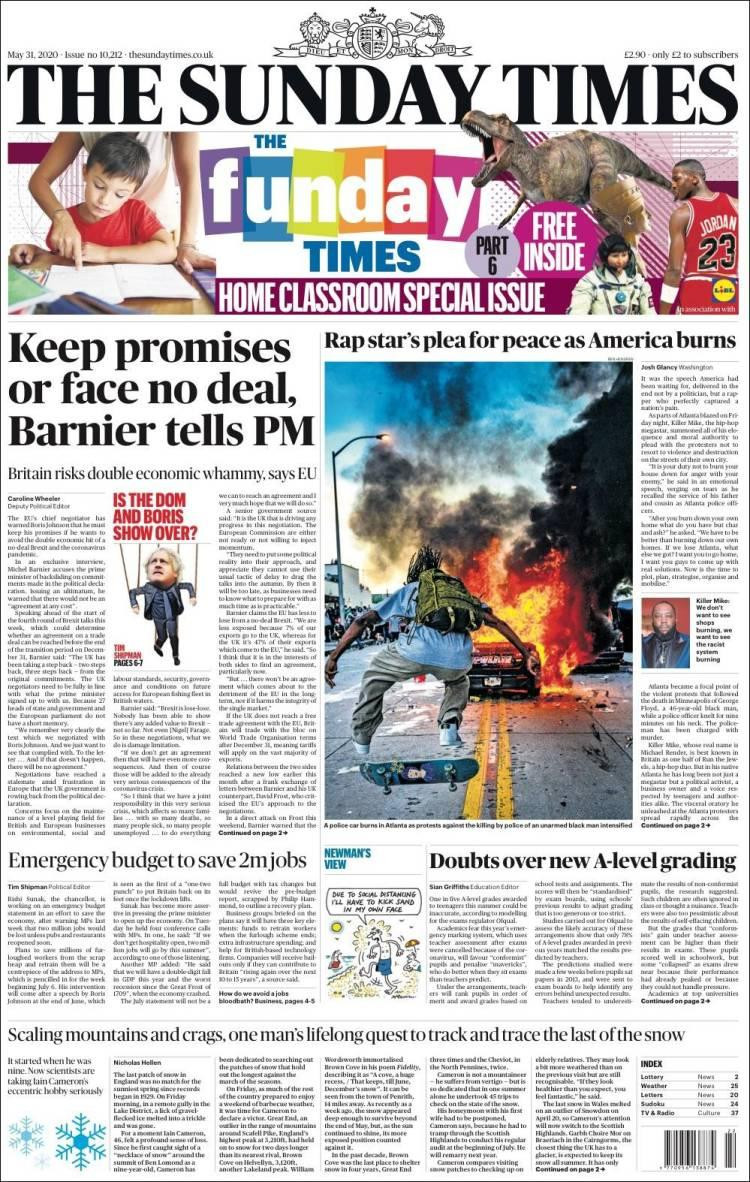 Tapas de diarios, The Times de Gran Bretaña, domingo 31 de mayo de 2020