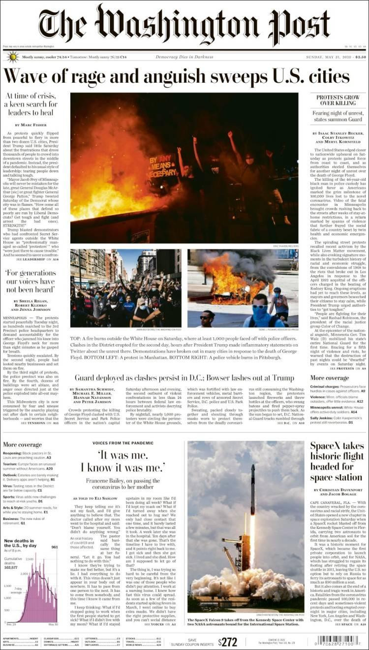 Tapas de diarios, The Washington Post de EE.UU., domingo 31 de mayo de 2020