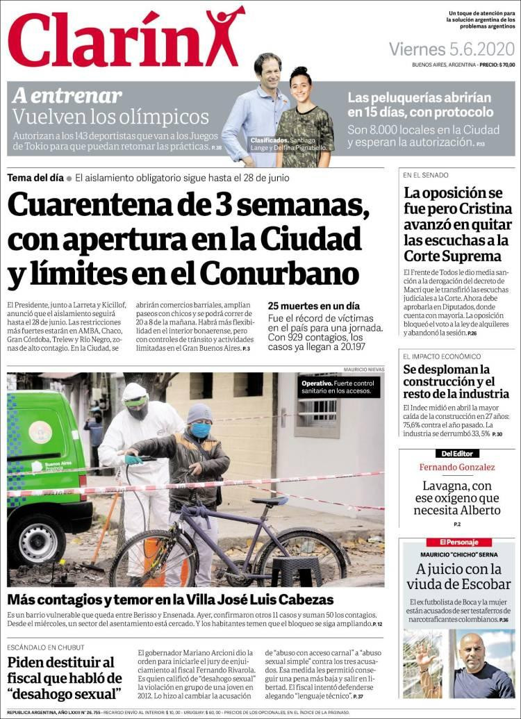 Tapas de diarios, Clarin, viernes 5 de junio de 2020