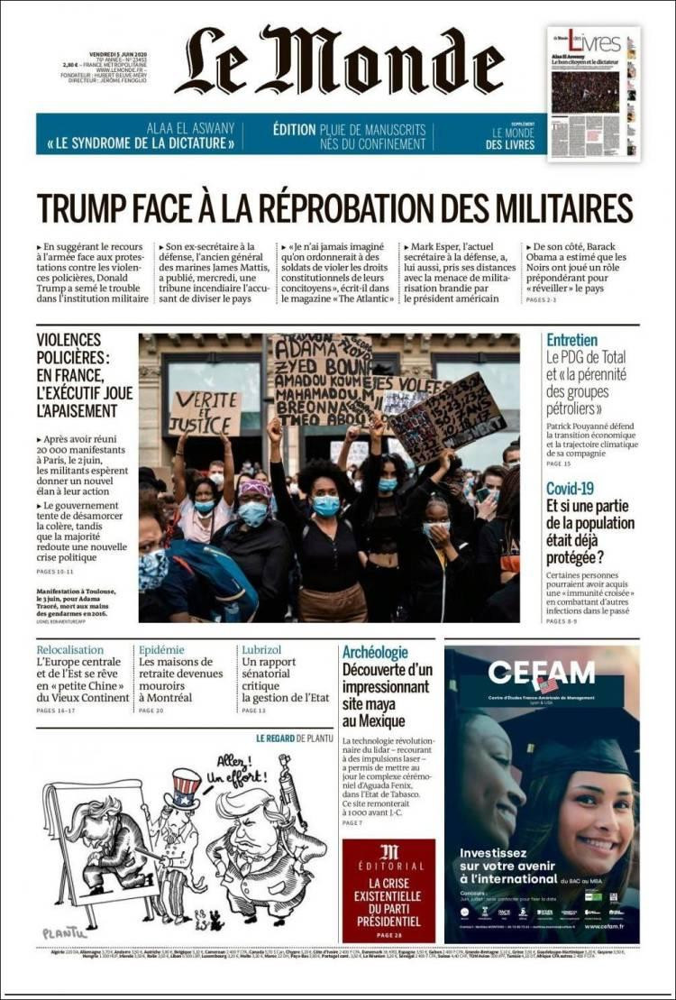 Tapas de diarios, Le Monde de Francia, viernes 5 de junio de 2020