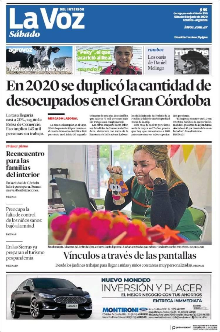 Tapas de diarios, La Voz, sábado 6 de junio de 2020