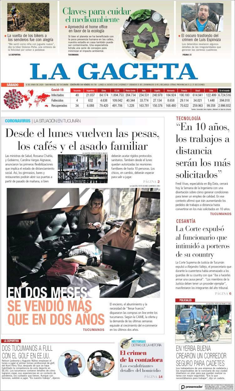 Tapas de diarios, La Gaceta, sábado 6 de junio de 2020