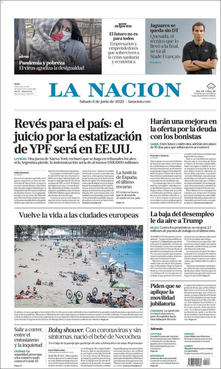 Tapas de diarios, La Nación, sábado 6 de junio de 2020