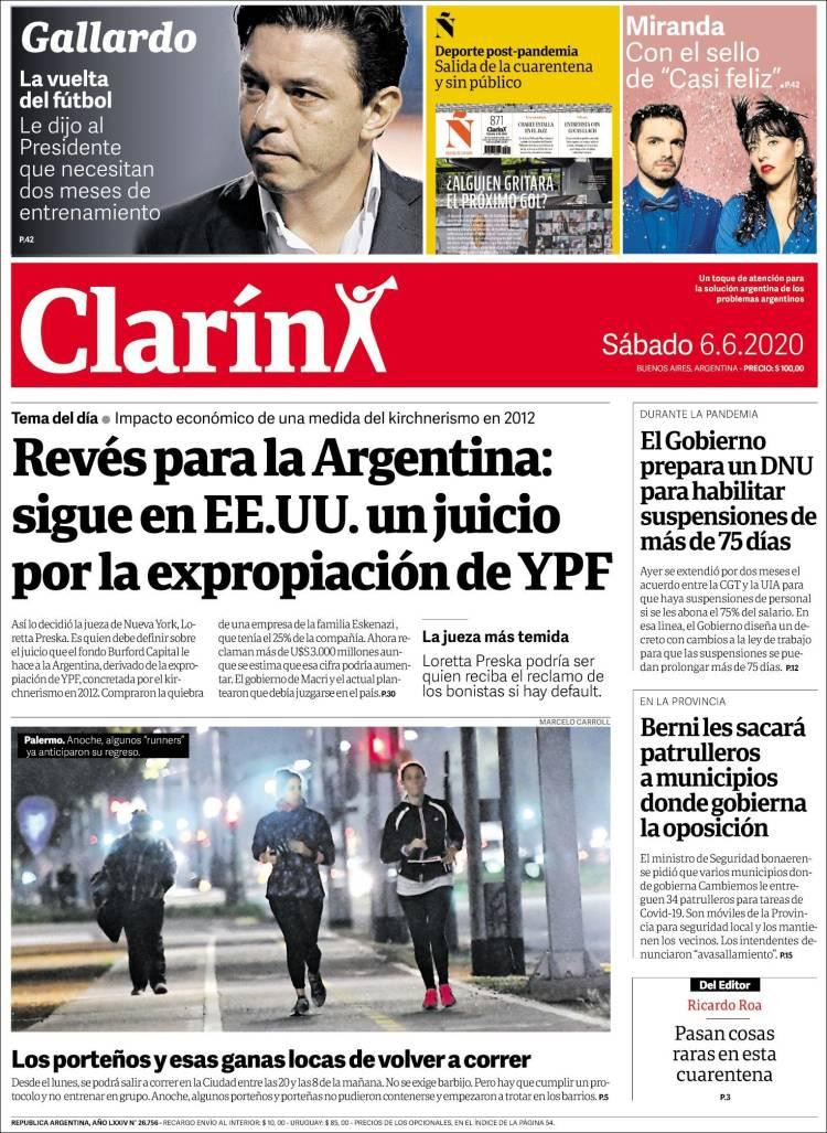Tapas de diarios, Clarín, sábado 6 de junio de 2020