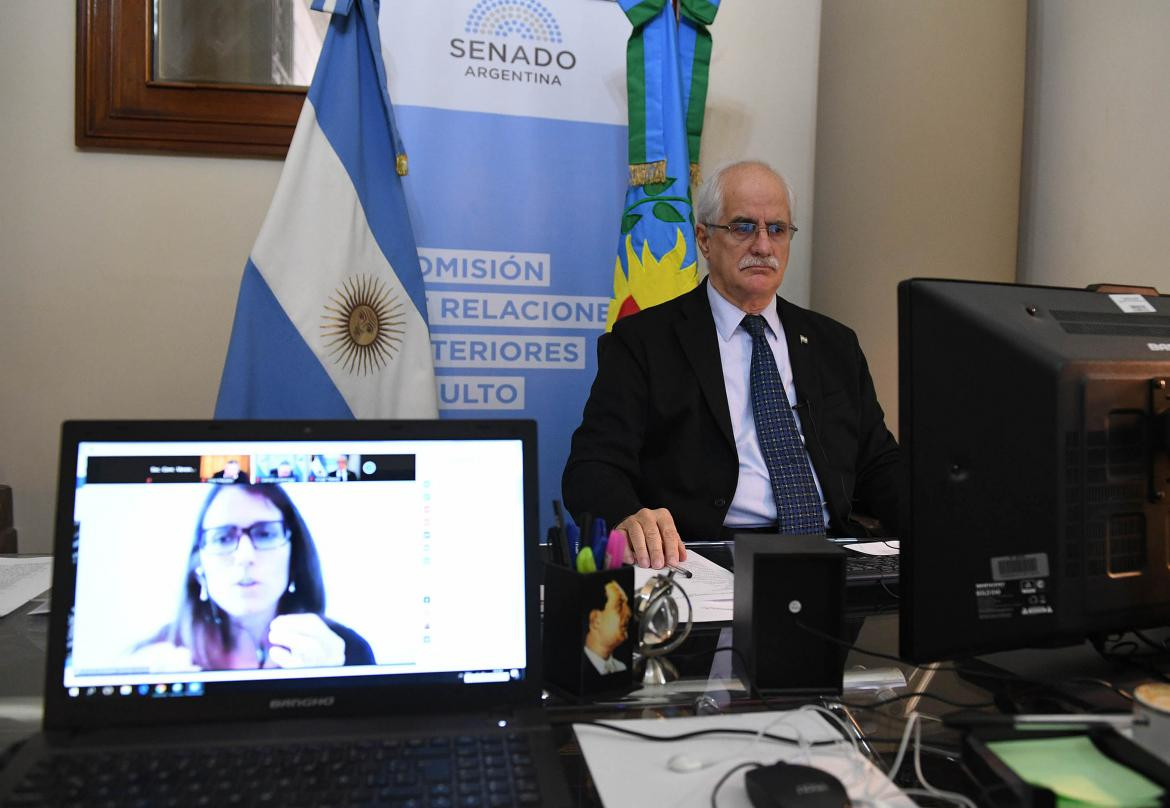 Jorge Taiana y Elizabeth Gomez Alcorta en Comision de Relaciones Exteriores del Senado de la Nacion, donde expuso la Ministra de Mujeres, Generos y Diversidad, AGENCIA NA