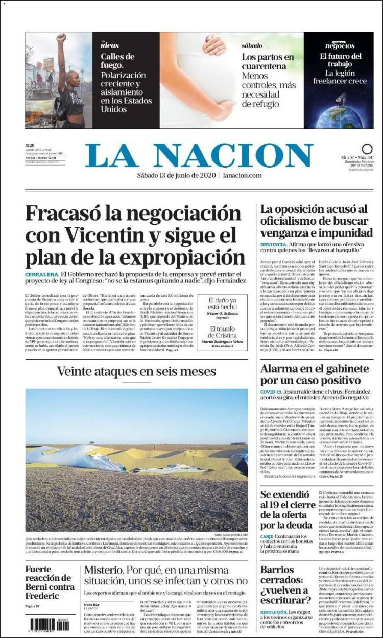 Tapas de diarios, La nacion, sábado 13 de junio de 2020	